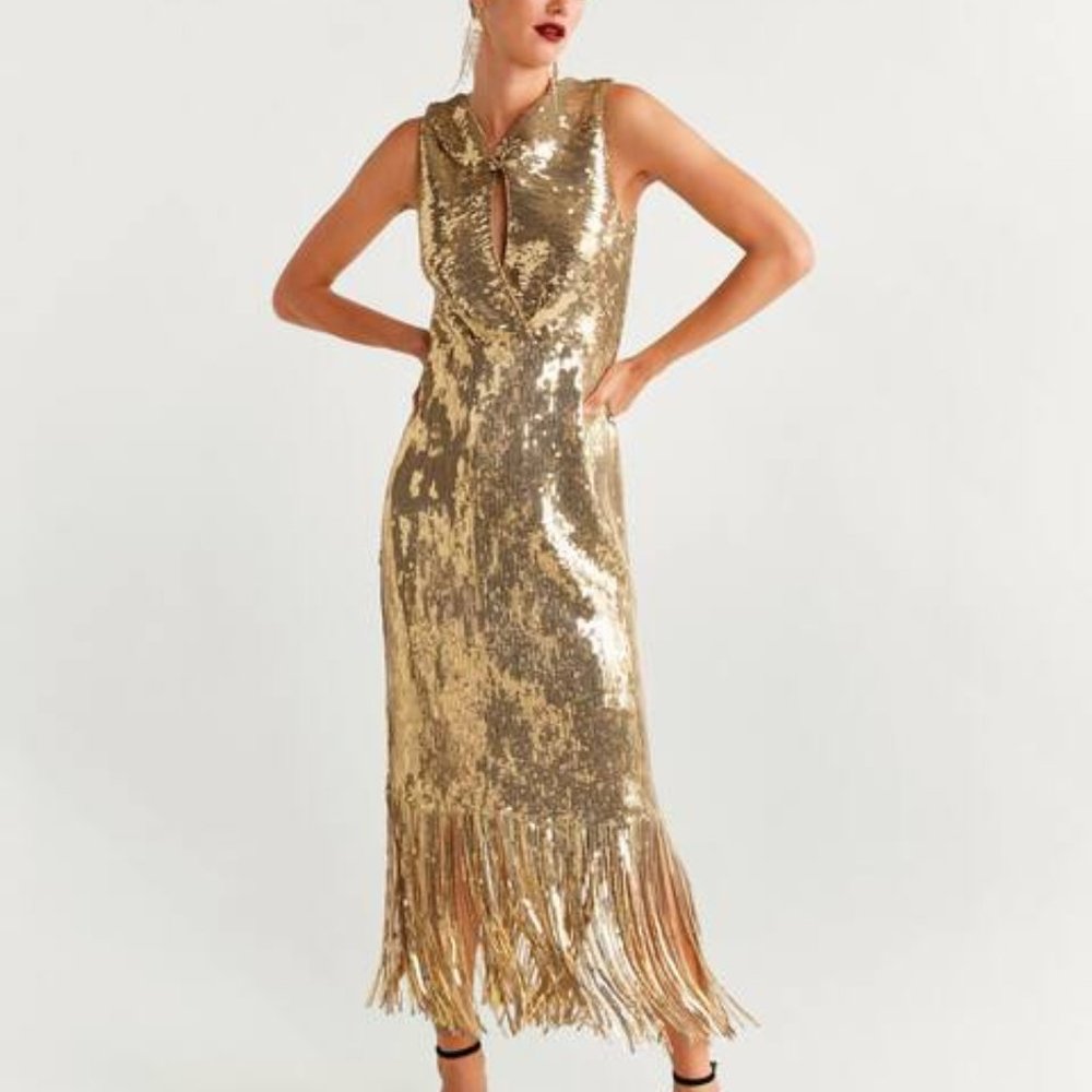 NWT - Mango Gold Sequins fringed dress